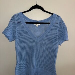 Bogari Blue Knit V-Neck Short Sleeve Sweater | 55% Ramie 45% Cotton (Size M)